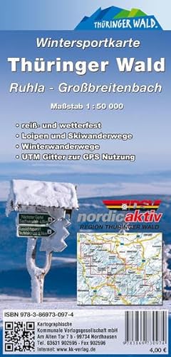 Wintersportkarte Thüringer Wald: Ruhla - Großbreitenbach: Reiß- und wetterfest. Loipen und Skiwanderwege, Winterwanderwege, UTM Gitter zur GPS Nutzung